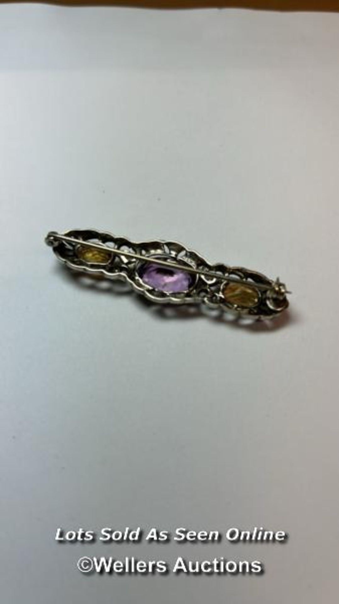 Silver and marcasite bar brooch with amethyst citrines / SF - Bild 3 aus 3