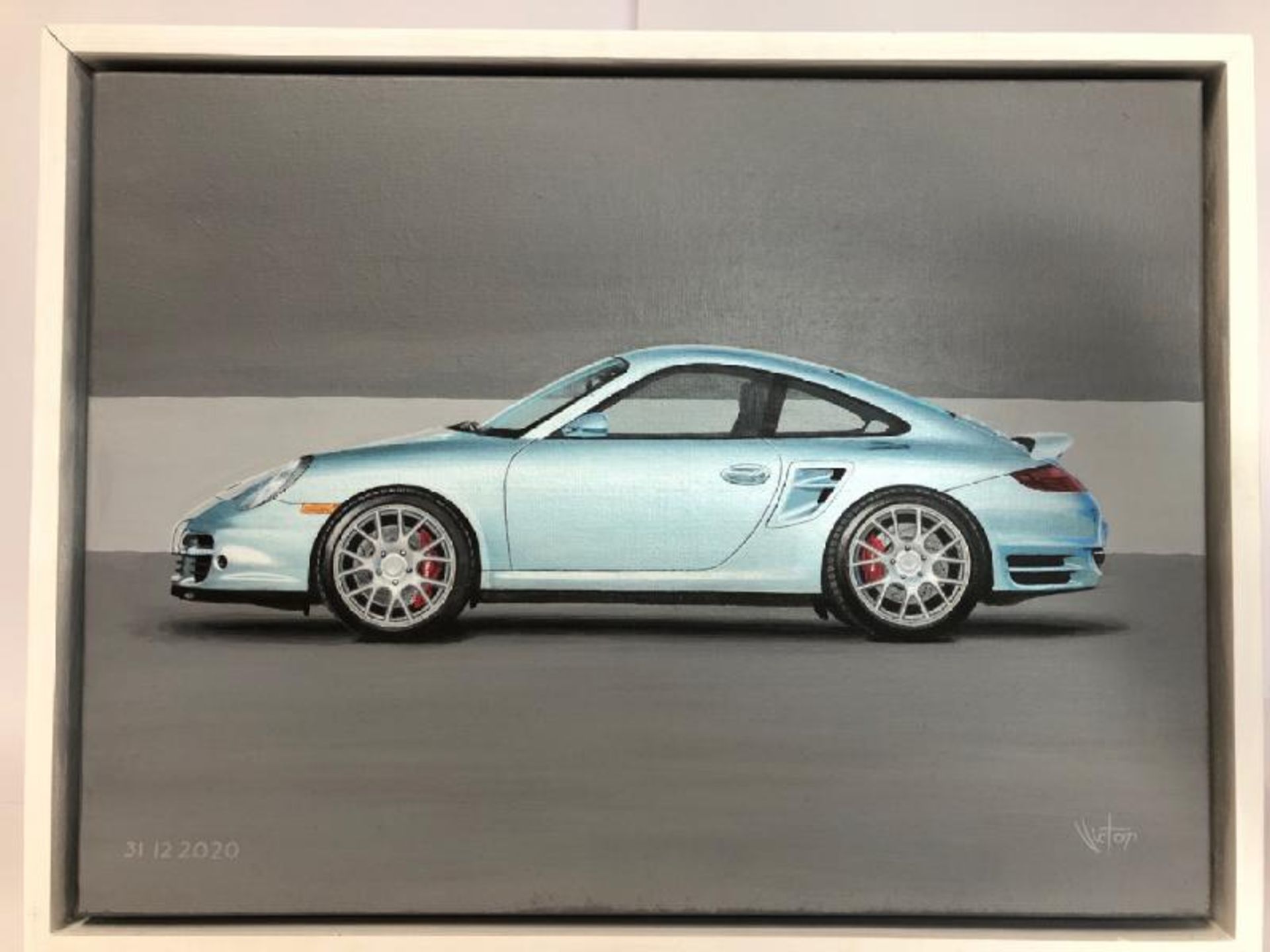 John Victor, "Metallic Blue Sky" (Porsche 911 Turbo) acrylic on canvas, signed with certificate,