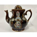 Large vintage Barge Ware brown glazed tea pot, lid missing tea pot handle, 25cm high / AN13