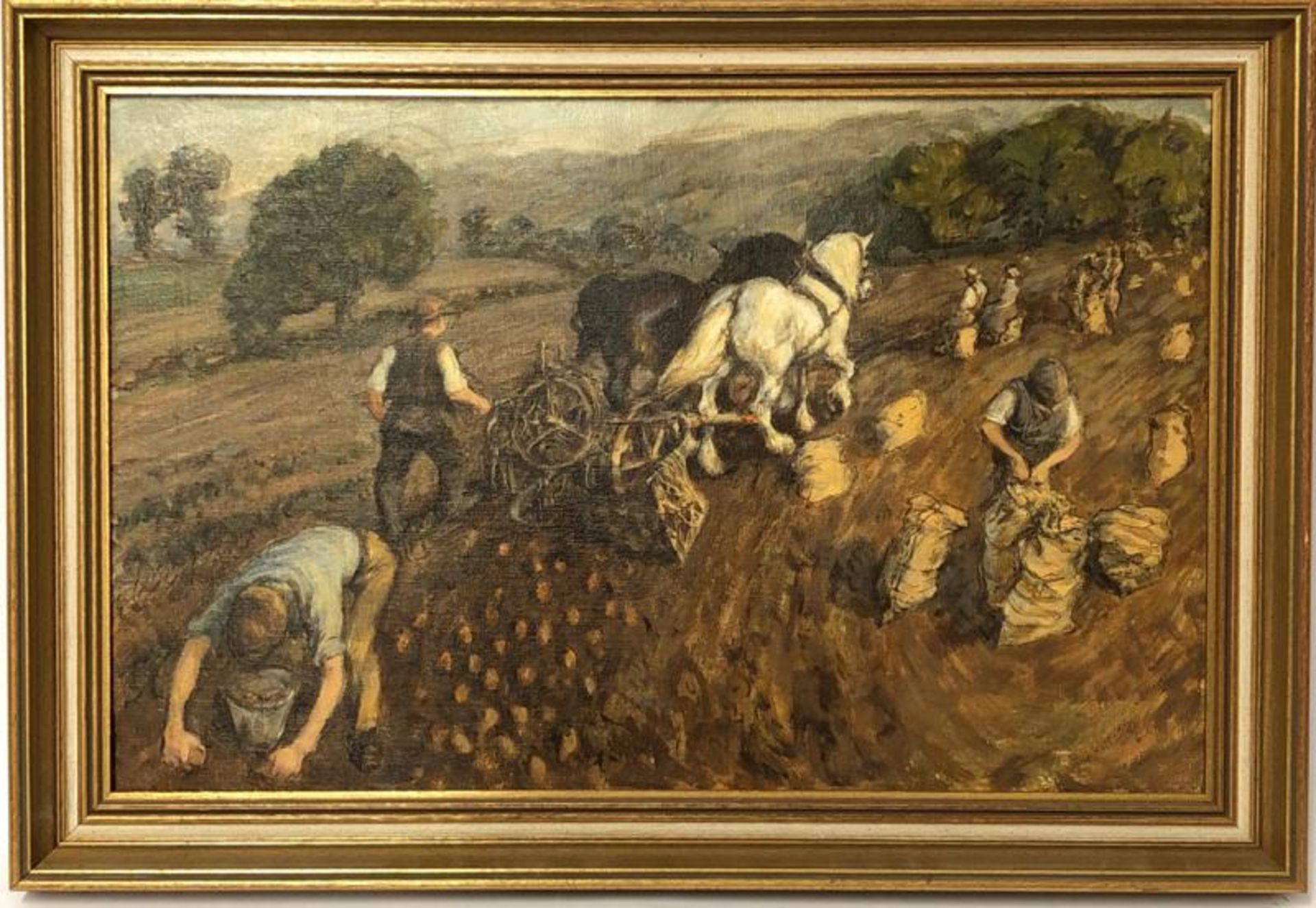 Helen Collins (1921-1990) "Potato Harvest" oil on canvas with a nude study on the verso likely to be