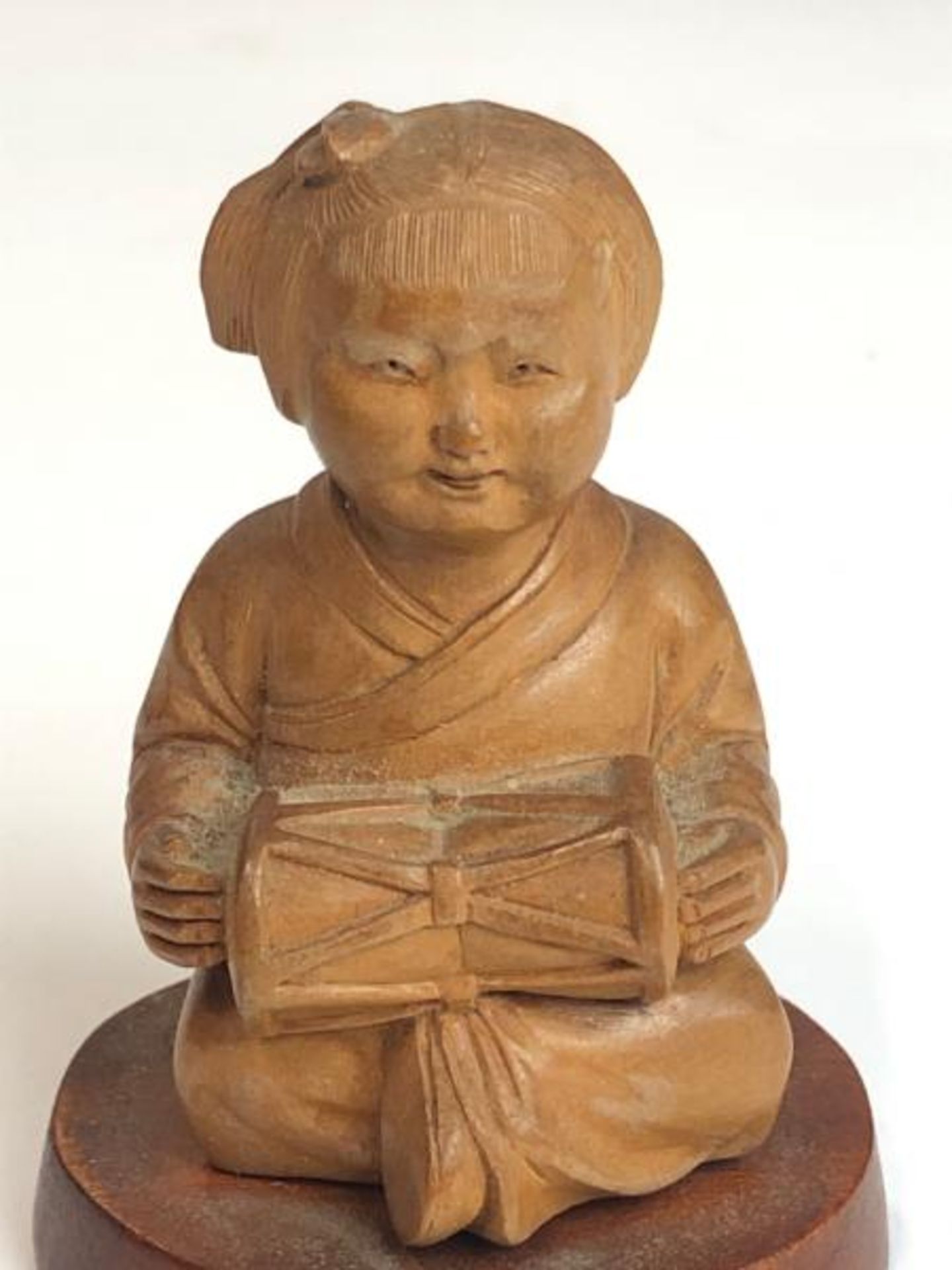 Three Chinese carved wooden figures of children, tallest 9.5cm high, on wooden bases with a hardwood - Image 6 of 8