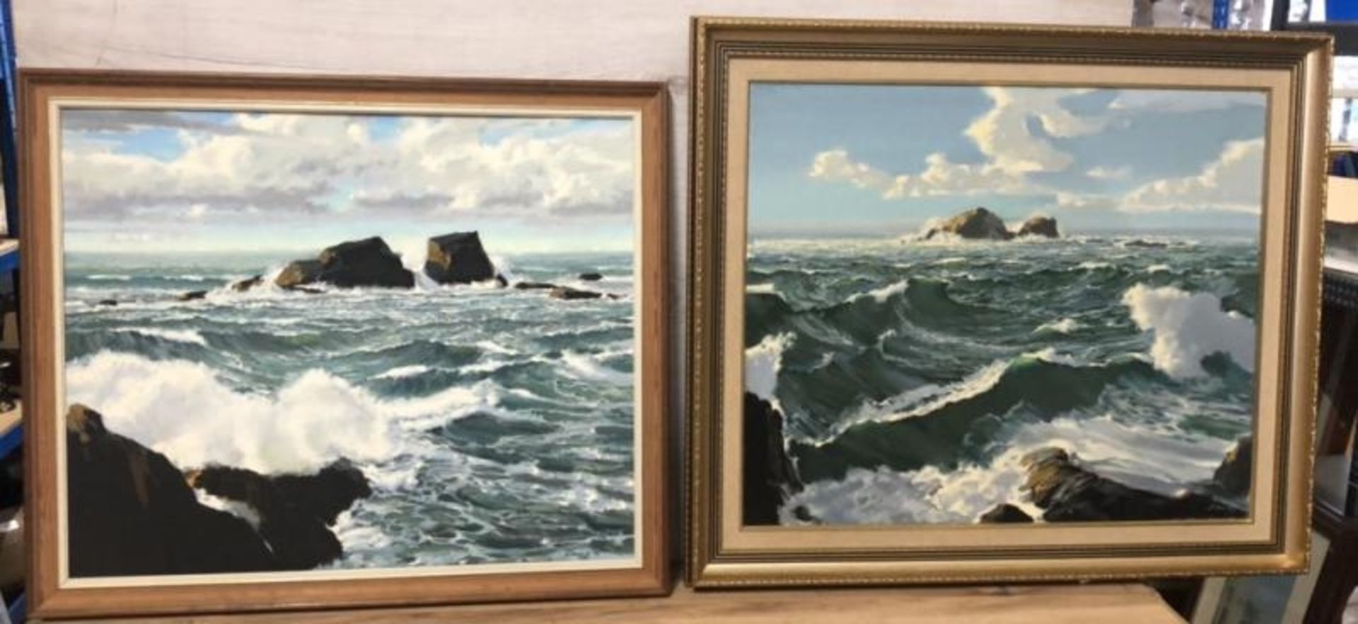 Two original seascapes featuring crashing waves on rocks, oil on canvas 60 x 50cm & 59 x 49cm,