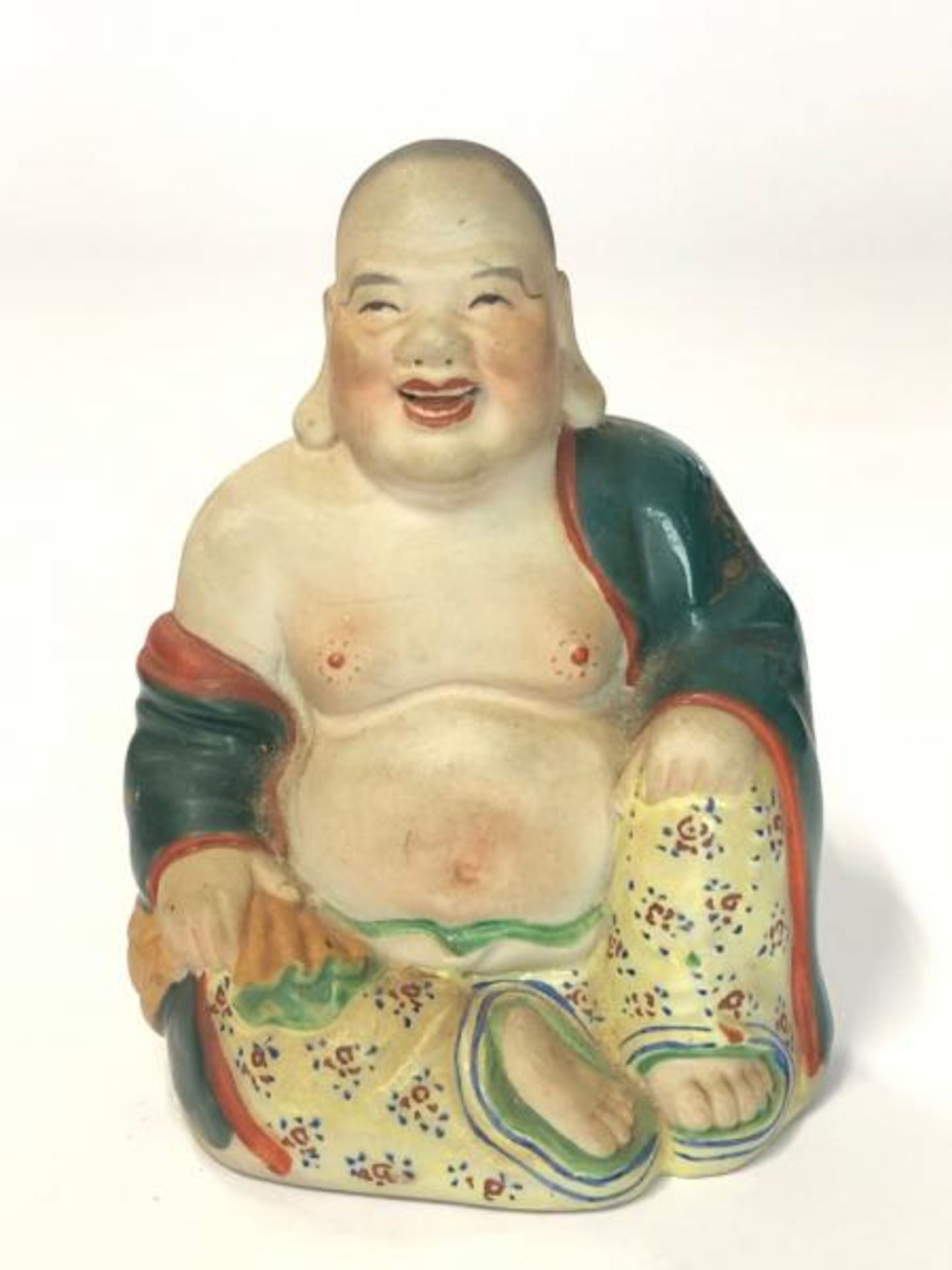 Three figurines, blue glazed Chinese foo dog, 16cm high, laughing Budha, 9cm high and flute - Image 5 of 12