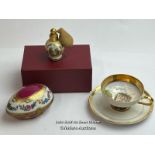 A vintage limoges scent bottle, 6.5cm high with box, WJS hand painted cup & saucer and a