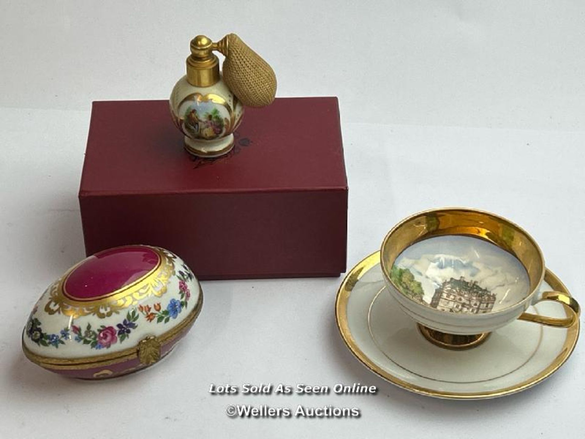 A vintage limoges scent bottle, 6.5cm high with box, WJS hand painted cup & saucer and a