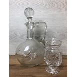 Glass wine carafe and a crystal sauce / jam pot with lid / AN5