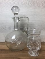 Glass wine carafe and a crystal sauce / jam pot with lid / AN5