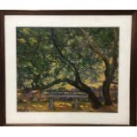 Original oil on canvas of a bench under a tree signed Max Tams, 61 x 52cm / AN60