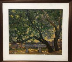 Original oil on canvas of a bench under a tree signed Max Tams, 61 x 52cm / AN60