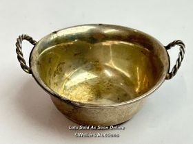Small white metal Spanish Bowl with rope style handles, faint hallmarkes, 6.5cm diameter, 16g / SF