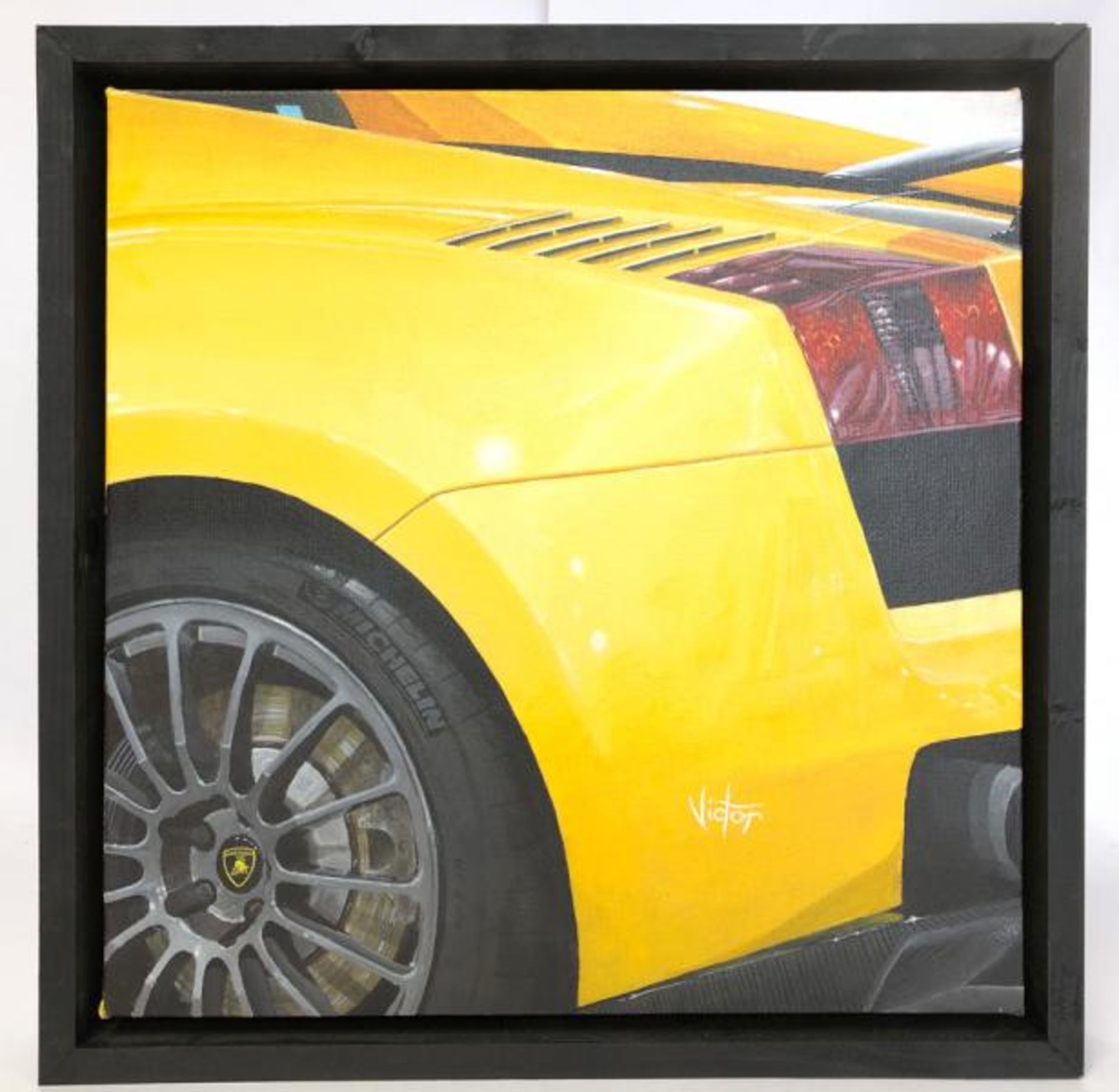 John Victor, "Yellow Hips" (Lamborghini Gallardo) acrylic on canvas,signed with certificate, 30 x