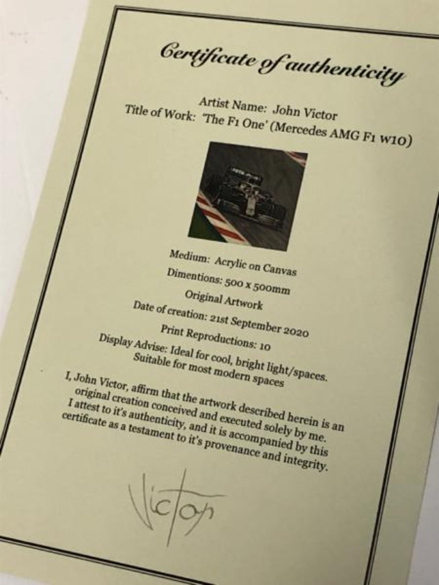 John Victor, "The F1 One" (Mercedes AMG F1 W10) acrylic on canvas, signed with certificate, 50 x - Image 6 of 6