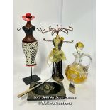 Two modern jewellery stands, tallest 37cm high with an ornate jewellery box, mother of pearl