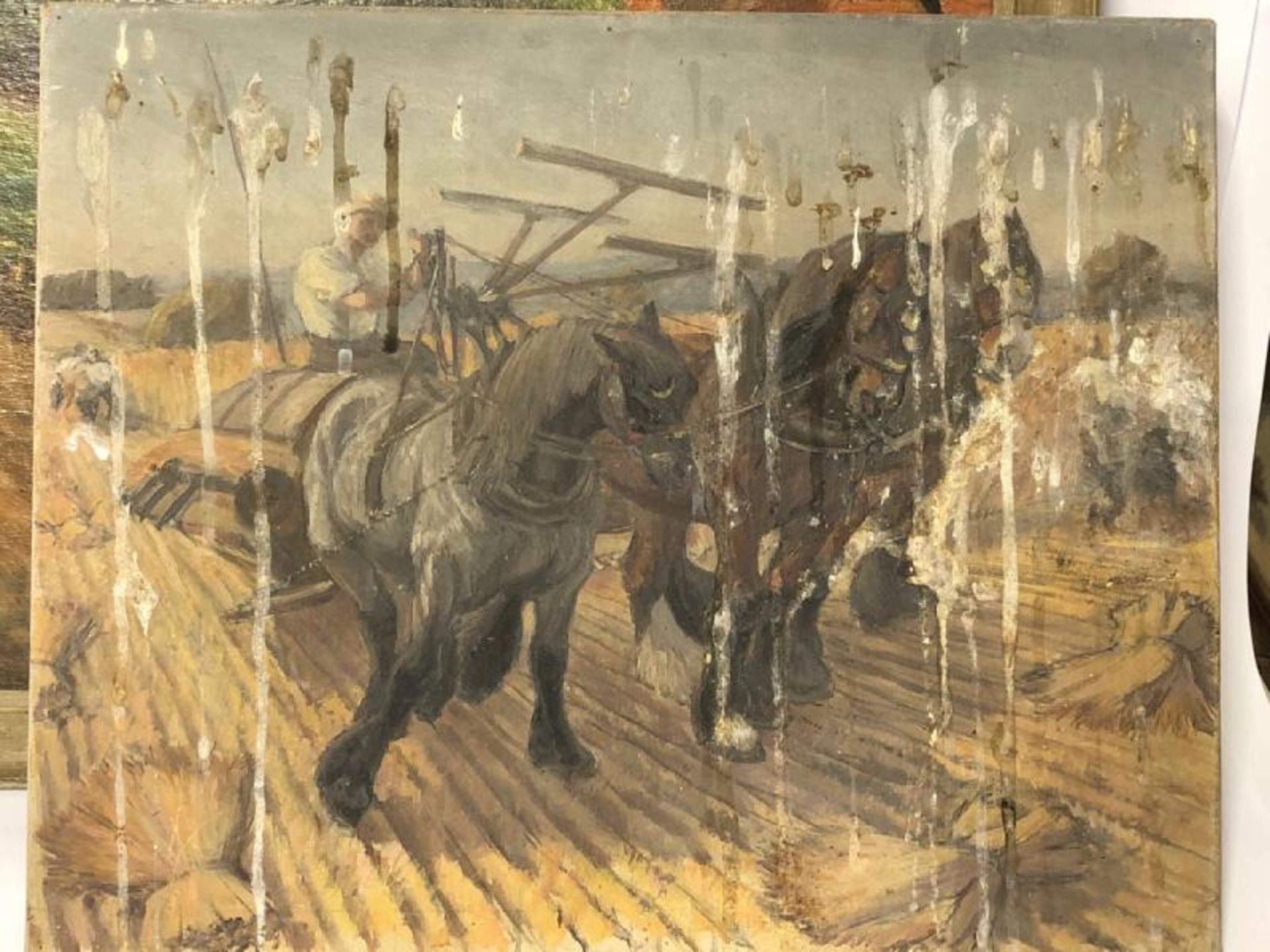 Helen Collins (1921 - 1990) oil on board study "Ploughing the Field" signed, 66.5 x 44.5cm and one - Image 6 of 7