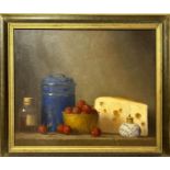 Still life oil on canvas, "Cheese & Cherry's" indistictly signed in red, top right corner, 58 x 48cm