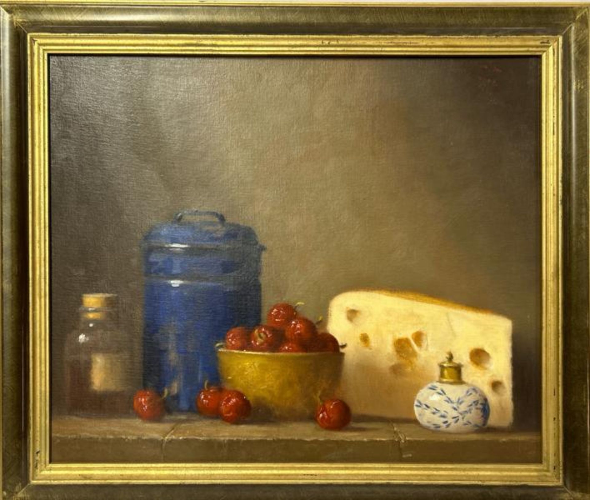 Still life oil on canvas, "Cheese & Cherry's" indistictly signed in red, top right corner, 58 x 48cm