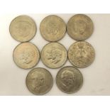 Eight commemorative coins including 1965 Churchill, 1977 Silver Jubilee,Charles & Diana and