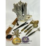 Coral specimen, 27cm hig and assorted items to include brass cutlery /AN14