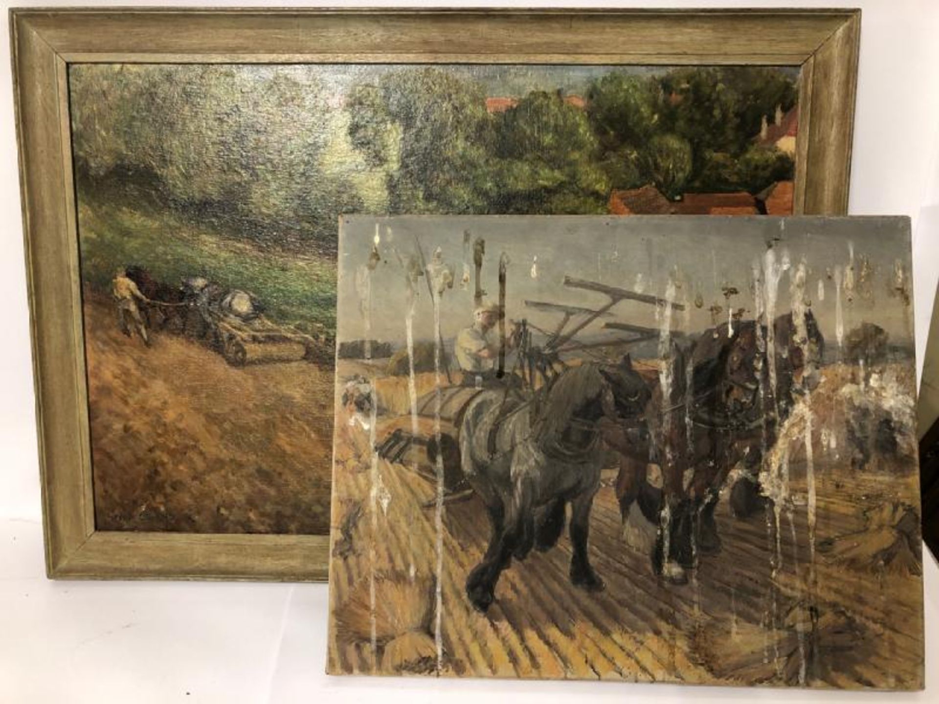 Helen Collins (1921 - 1990) oil on board study "Ploughing the Field" signed, 66.5 x 44.5cm and one - Image 5 of 7