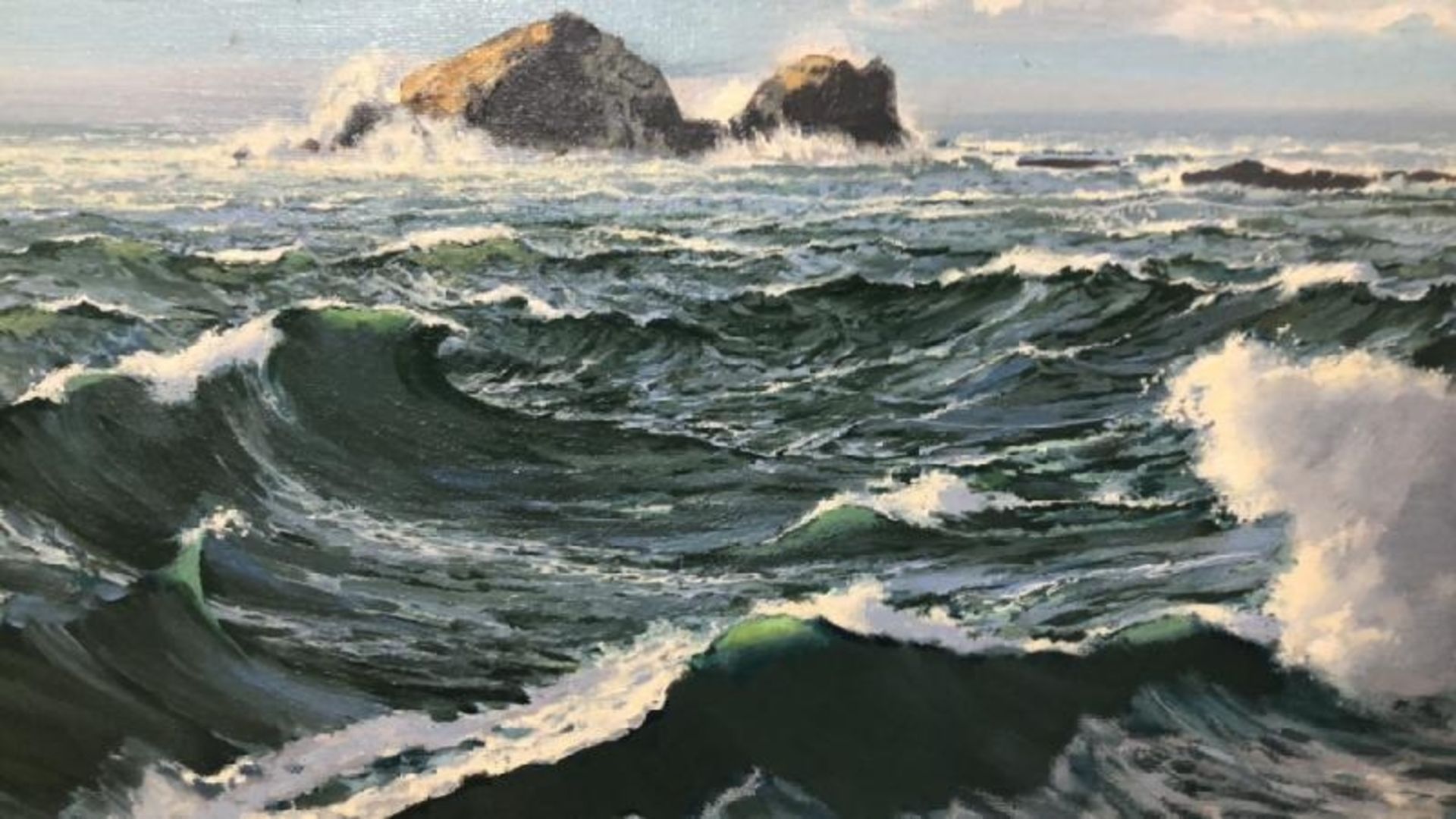 Two original seascapes featuring crashing waves on rocks, oil on canvas 60 x 50cm & 59 x 49cm, - Image 7 of 12