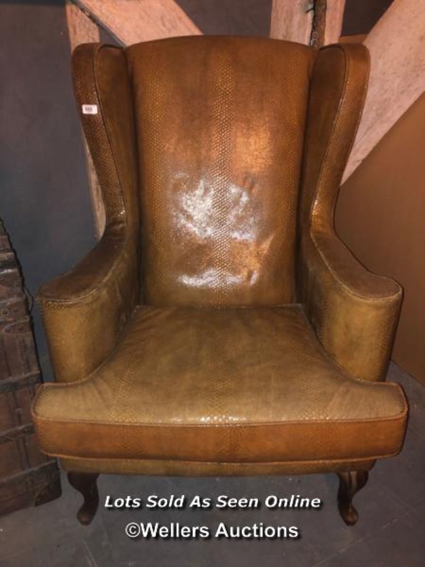 20TH CENTURY FAUX SNAKE SKIN LEATHER WING BACK CHAIR, CABRIOLE LEG, 74 X 65 X 110CM