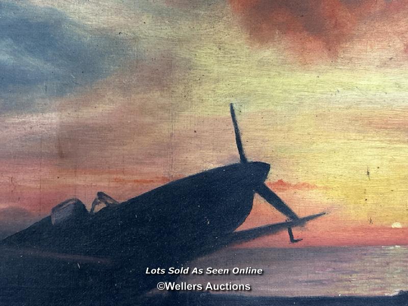 OIL ON CANVAS DEPICTING SILHOUETTE OF SPITFIRE, BY JOHN HARDMAN IN 1944 (L.A.C 1297151), 30.5 X 37CM - Image 2 of 8