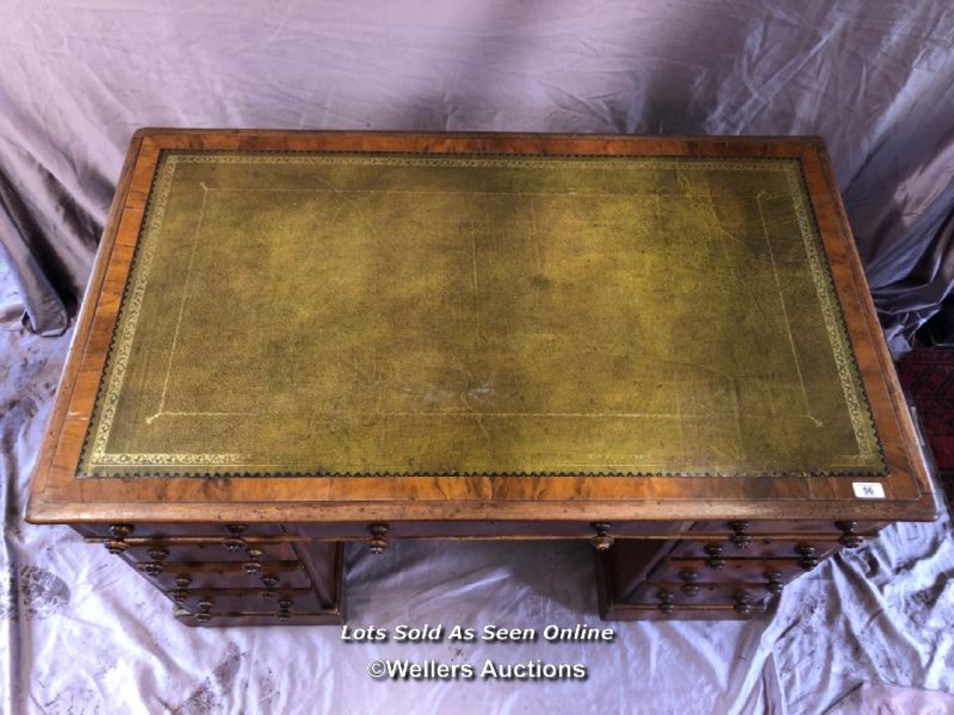 MID 19TH CENTURY WALNUT VENEERED MAHOGANY LINED TWIN PEDESTAL WRITING DESK WITH LEATHER INLAID, - Image 2 of 7