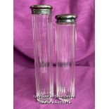 TWO HALLMARKED SILVER TOPPED AND CUT GLASS BEVELLED JARS, TALLEST 18CM, TOTAL SILVER WEIGHT 20GMS
