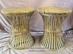 PAIR OF METAL AND WOODEN GARDEN TABLES, DIAMETER 50CM X HEIGHT 60CM