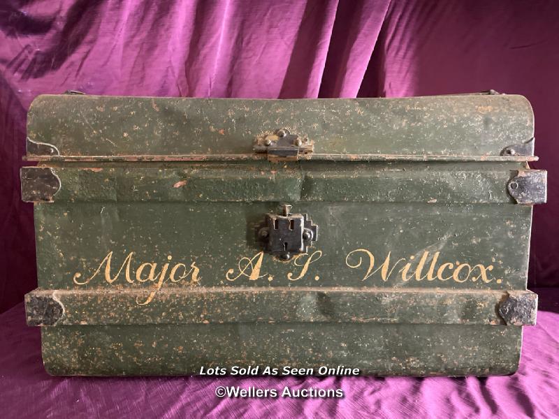 19TH CENTURY TRAVEL TRUNK MAJOR A.J. WILCOX, SERVICE NUMBER 47110, GRENADIER GUARDS, LANCASTER