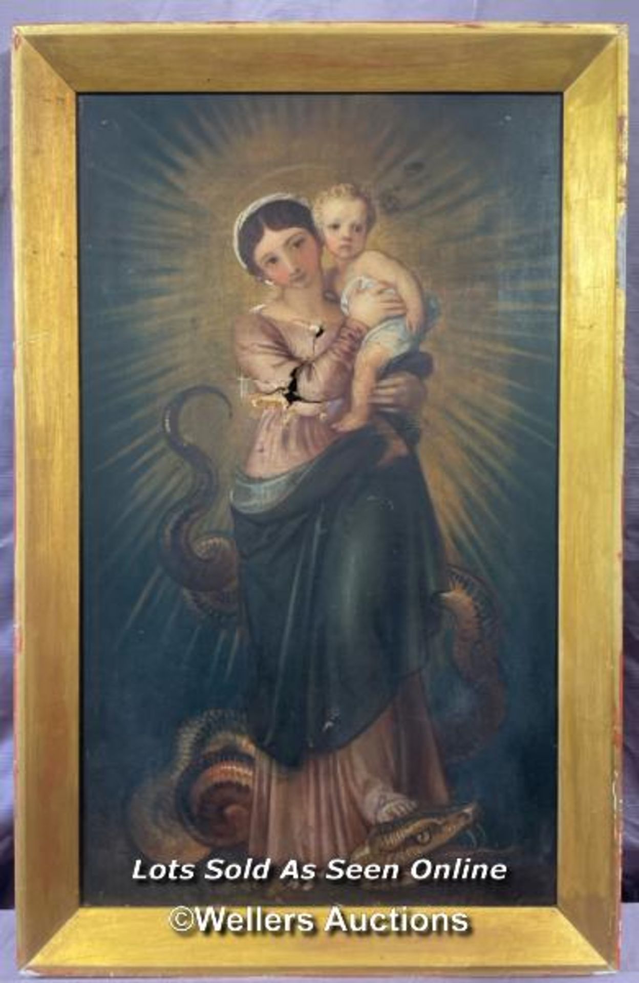 CONTINENTAL SCHOOL, 18TH CENTURY OIL ON CANVAS, THE MADONNA AND HER SON JESUS CHRIST TRAMPLE THE