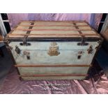 LARGE WOODEN TRAVEL TRUNK, MALLE EDISON J.K PARIS PLAQUE, 90 X 53 X 63CM