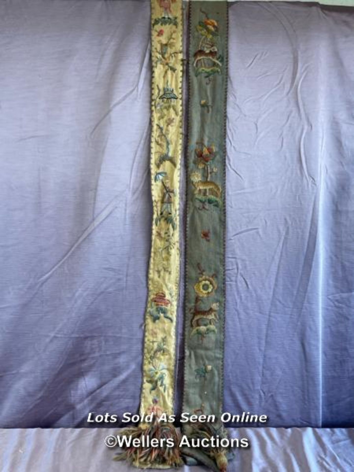 19TH CENTURY PAIR HAND EMBROIDERED WALL HANGINGS, 203CM AND 197CM (LEFT TO RIGHT)