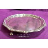 SMALL HALLMARKED SILVER TRAY ON CLAW AND BALL FEET BY W.F A.F, DIAMETER 16CM, WEIGHT 224GMS