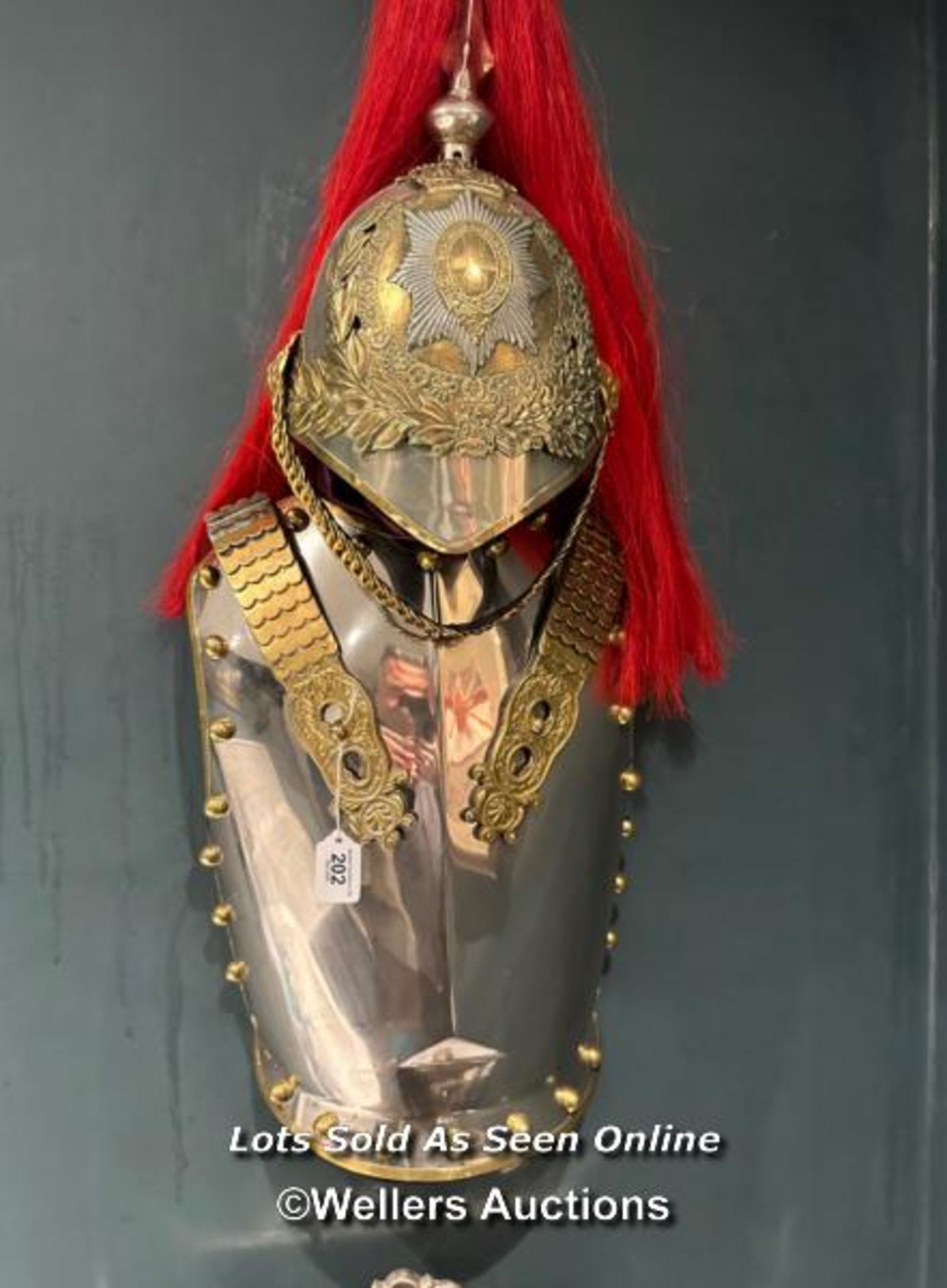HOUSEHOLD DIVISION (BLUES AND ROYALS), CUIRASSIERS BREASTPLATE AND HELMET DISPLAY PIECE