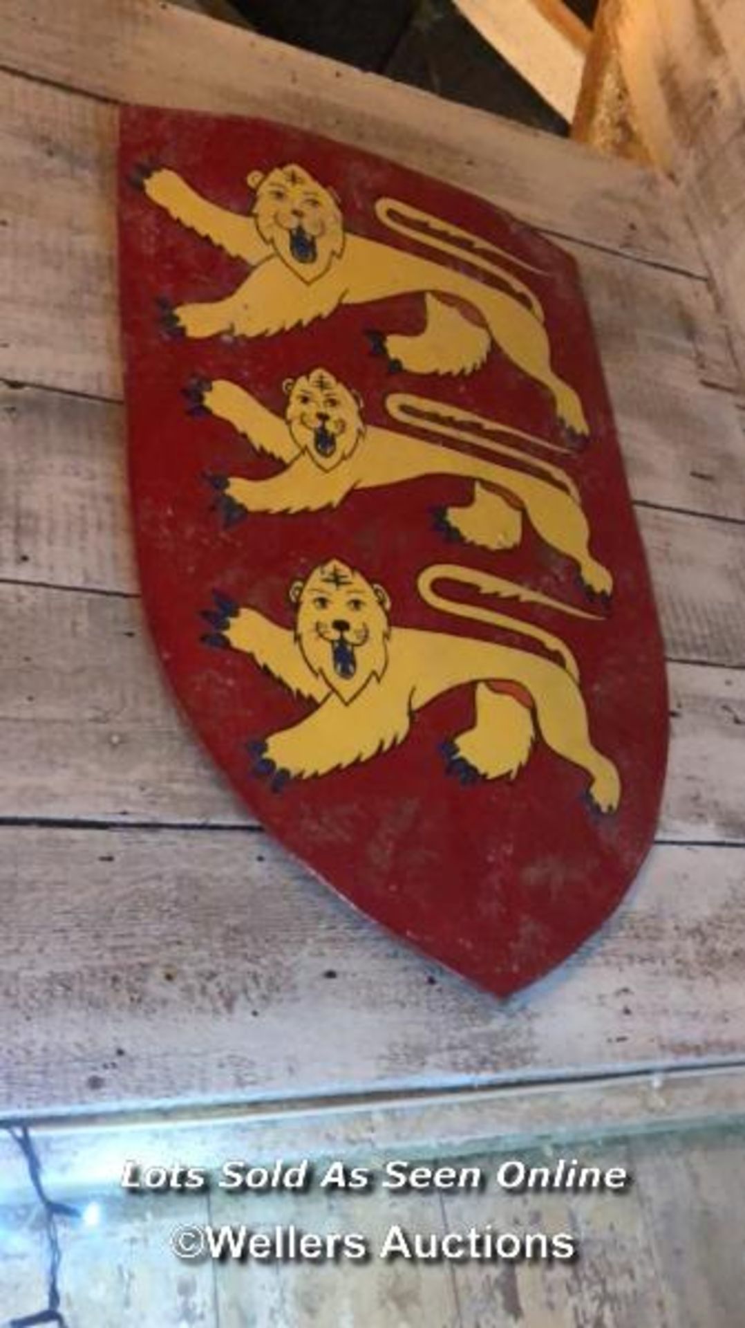 THEATRICAL KNIGHTS SHIELD DEPICTING THE THREE LIONS OF SCOTLAND, 45 X 69CM