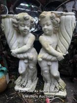 PAIR OF MARBLE COPOSITION CHERUBS SUPPORTING CORNUCOPIA, PREVIOUSLY USED AS LAMPS, THIS LOT IS