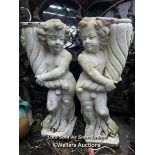 PAIR OF MARBLE COPOSITION CHERUBS SUPPORTING CORNUCOPIA, PREVIOUSLY USED AS LAMPS, THIS LOT IS