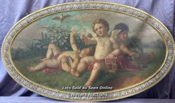 19TH CENTURY ITALIAN OVAL FRAMED OIL ON CANVAS DEPICTING CHERUBS, 112 X 60CM