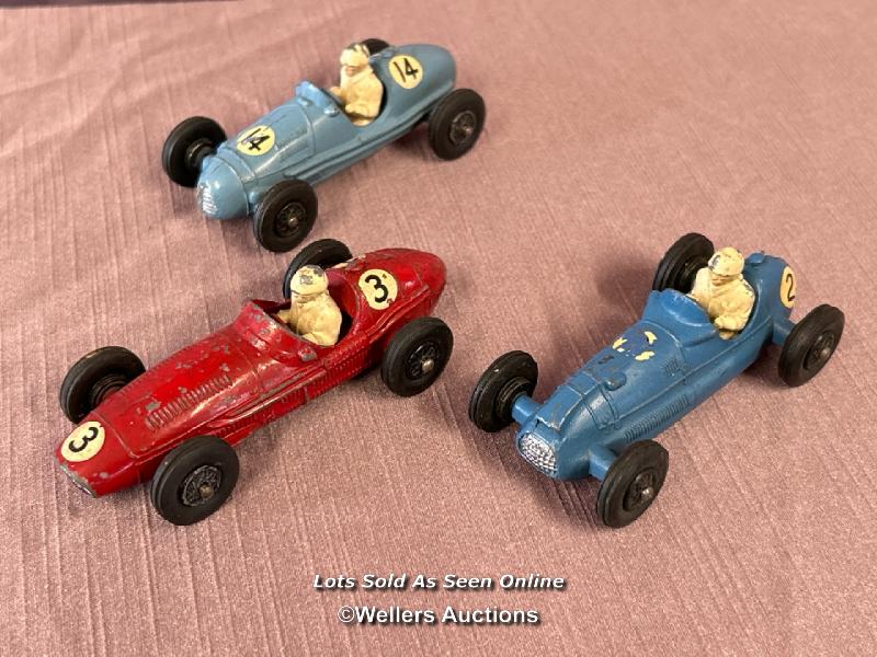 THREE DINKY DIE CAST RACING CARS INCLUDING MASERATI, COOPER BRISTOL AND GORDINI