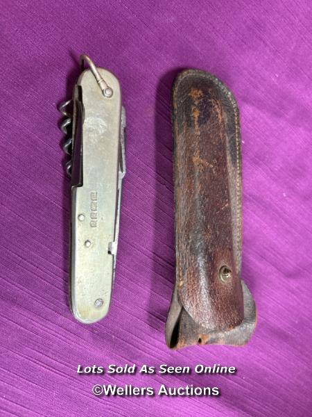 HALLMARKED WHITE METAL MULTI TOOL WITH LEATHER CASE, LENGTH 11CM - Image 3 of 4