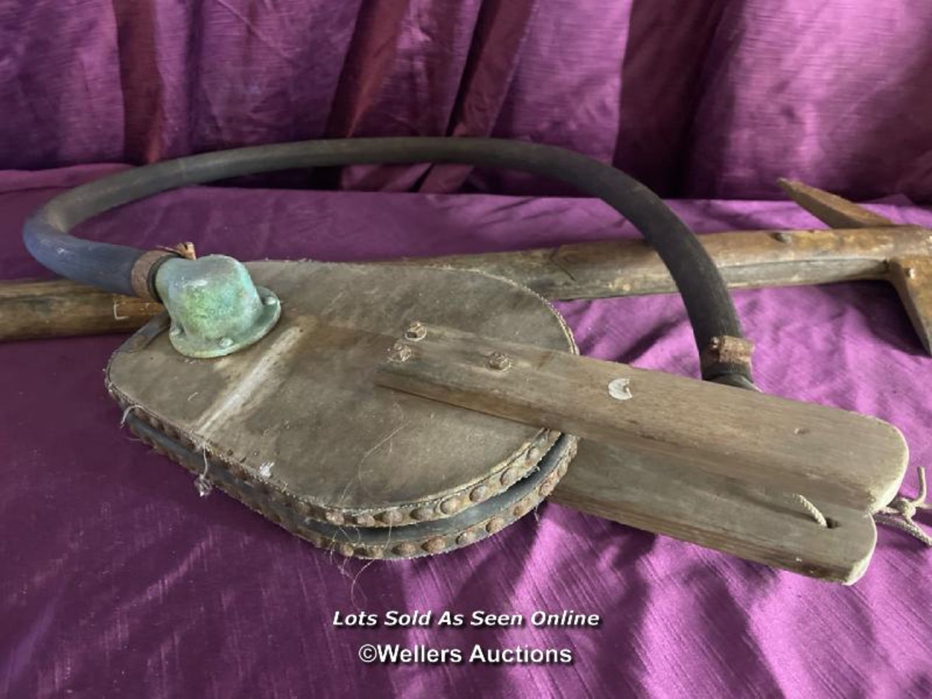 CIRCA 1900'S FIREMANS AXE, 93 X 28CM, AND A PAIR OF OLD BELLOWS