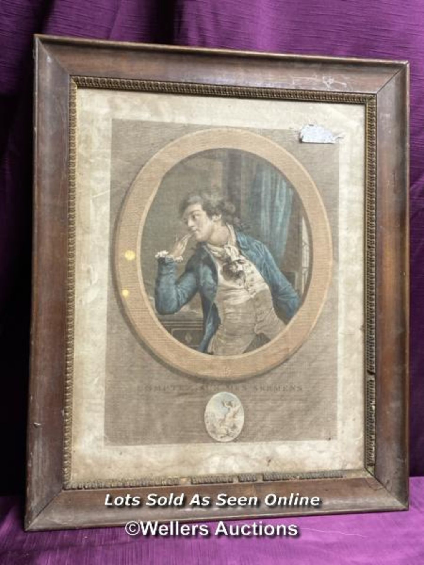 19TH CENTURY COLOURED ENGRAVING 'COMPTEZ SUR MES SERMENS', FRAMED AND GLAZED, 31 X 39.5CM