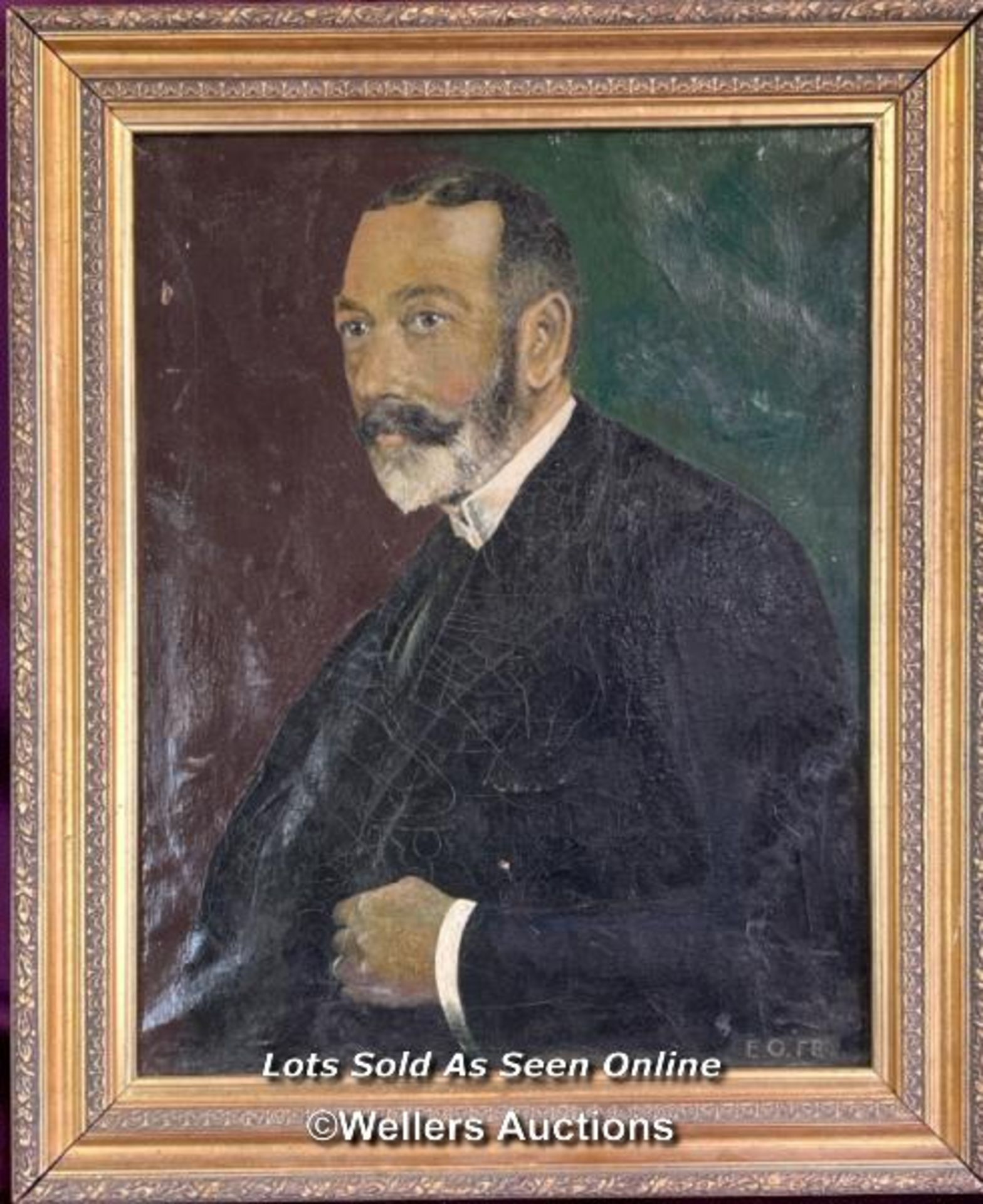 OIL ON CANVAS DEPICTING A GENTLEMEN, IN A DECORATIVE GILT FRAME, SIGNED E.O. FRY, 43.5 X 55CM