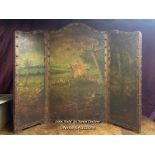 CIRCA 1910, LEATHER HAND PAINTED HUNTING SCENE, TRIFOLD FIRE SCREEN, WIDTH 91CM (FULL EXTENSION) X