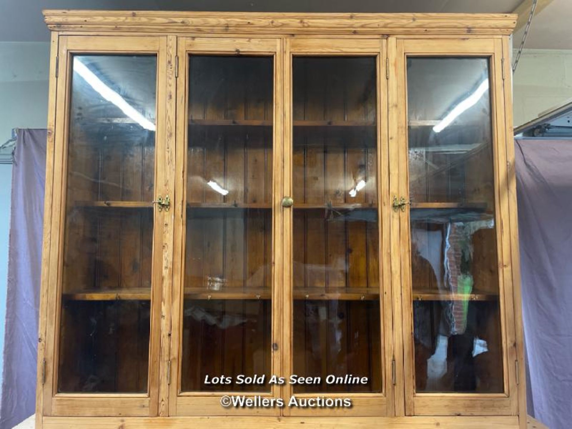 LARGE STRIPPED PINE DRESSER WITH FOUR GLAZED DOORS ON TOP OVER TWO DOORS BELOW AND SIX DRAWERS, - Image 14 of 14