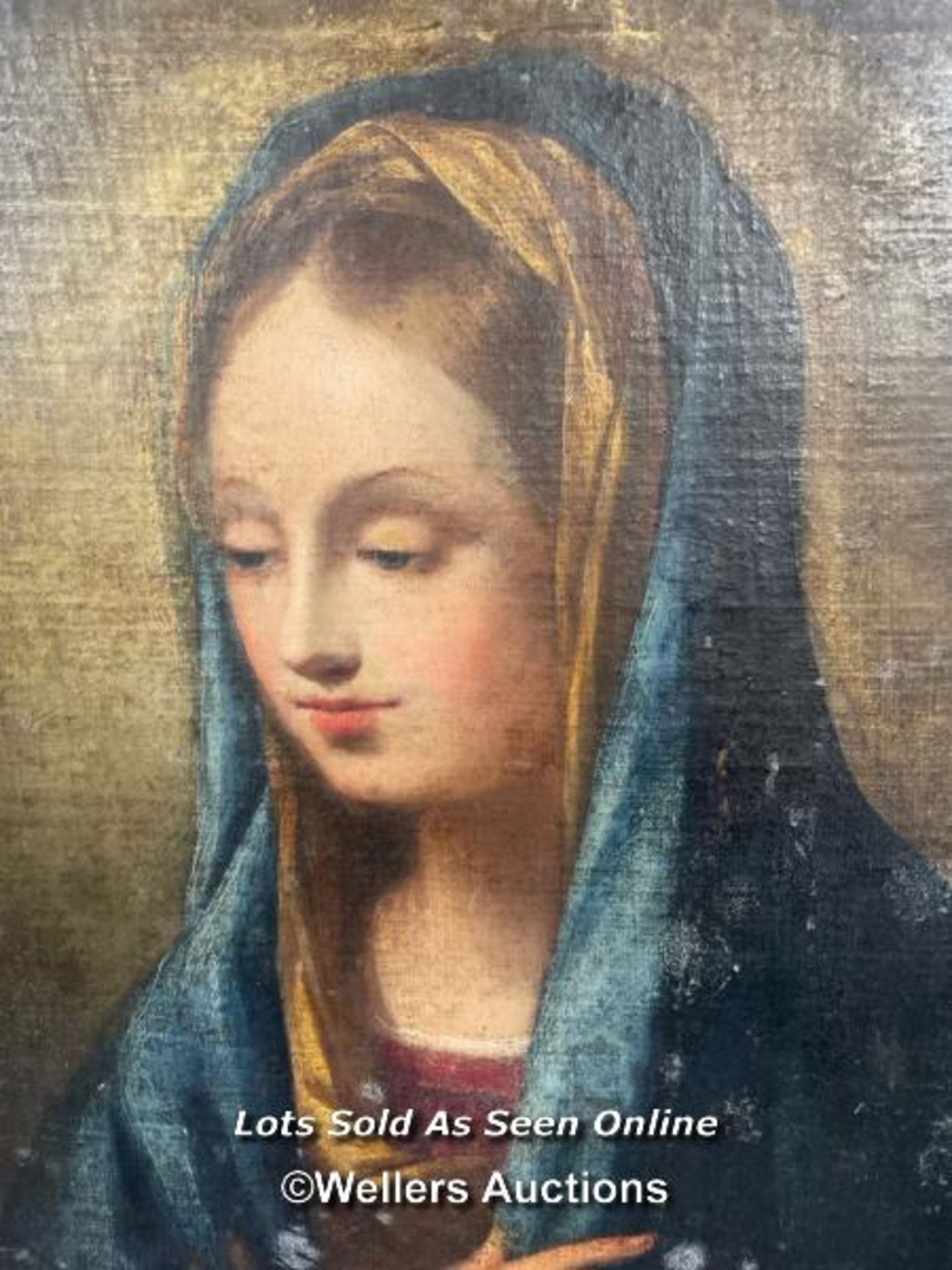 19TH CENTURY FRAMED OIL ON CANVAS MOUNTED ON BOARD RELIGIOUS PORTRAIT OF MADONNA, UNSIGNED, 54 X - Image 2 of 3