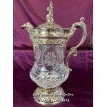 AN ITALIAN ORNATE SILVER PLATED AND CUT GLASS CLARET JUG, MADE BY TOP?ZIO CASOUINNA, HEIGHT 34CM
