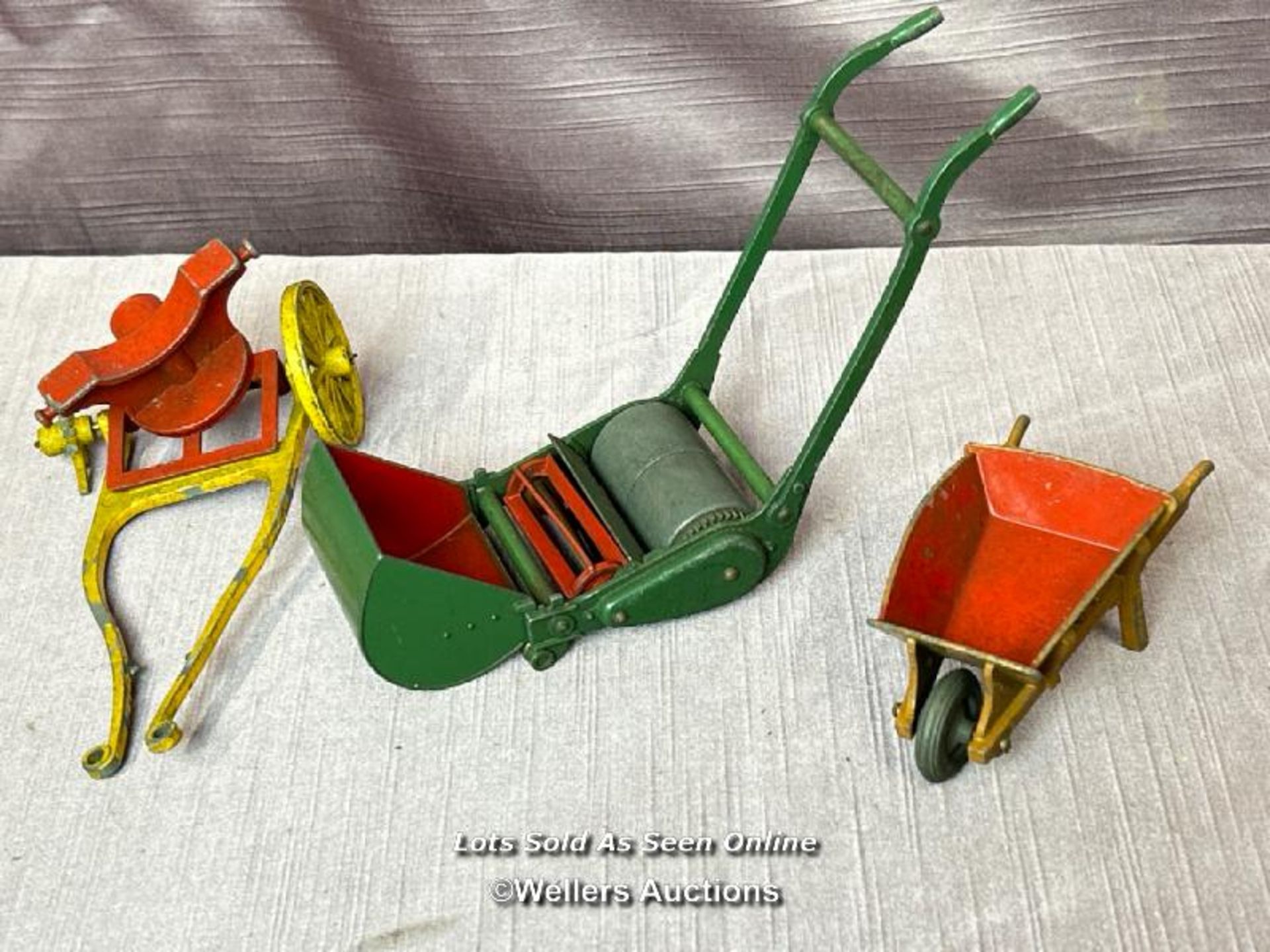 DINKY SUPERTOYS GARDEN PUSHALONG LAWN MOWER WITH ROLLER, TOGETHER WITH A DINKY DIE CAST