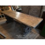 BLEACHED RED PINE TOPPED REFECTORY TABLE ON MAGNIFICENTLY CARVED COMPOSITION STONE BASE, 250 X 83